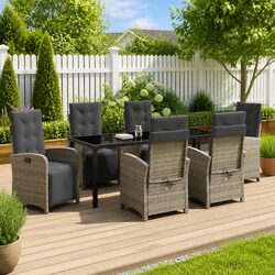 7-Piece Grey Poly Rattan Garden Dining Set with Cushions