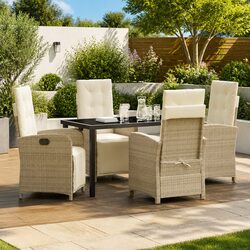 5-Piece Beige Poly Rattan Outdoor Dining Set with Glass Top