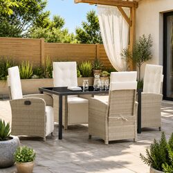 5 Piece Garden Dining Set with Poly Rattan and Glass Top