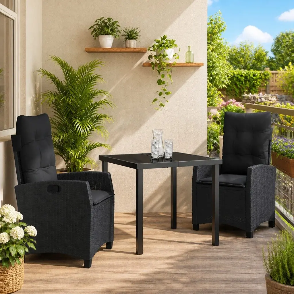 Garden Dining Set Poly Rattan 3 Piece Black with Steel Frame and Tempered Glass Tabletop