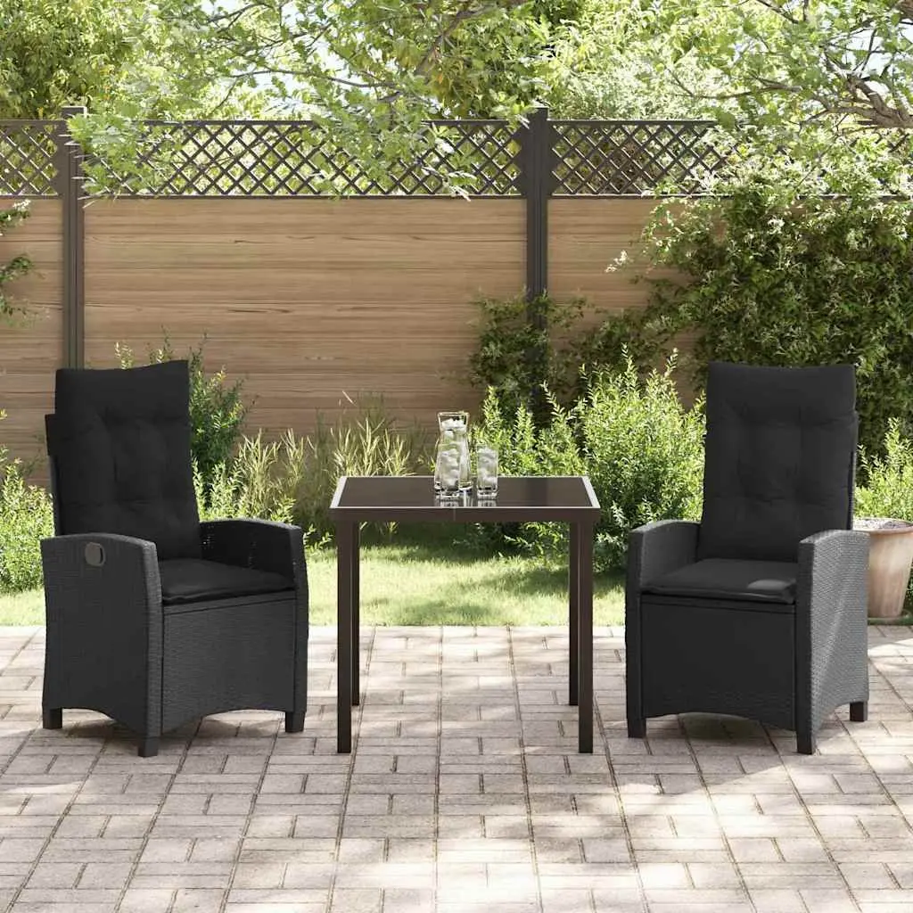 Garden Dining Set Poly Rattan 3 Piece Black with Steel Frame and Tempered Glass Tabletop