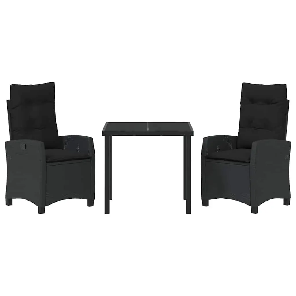 Garden Dining Set Poly Rattan 3 Piece Black with Steel Frame and Tempered Glass Tabletop