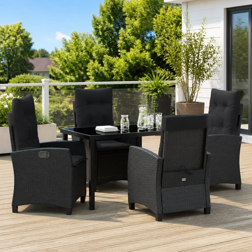 Outdoor Dining Set Poly Rattan Steel Frame Tempered Glass Top Black 5 Piece