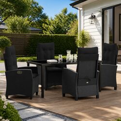 5-Piece Outdoor Dining Set with Black Poly Rattan and Glass Top