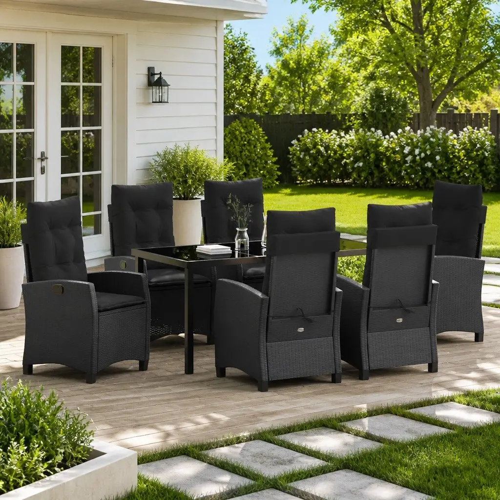 Garden Dining Set Poly Rattan Steel Frame 7 Piece Black