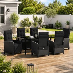 Durable 7-Piece Outdoor Dining Set in Black Poly Rattan