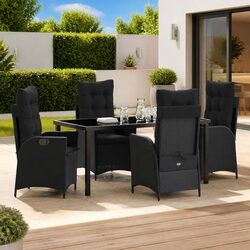 5 Piece Black Poly Rattan Outdoor Dining Set with Glass Table