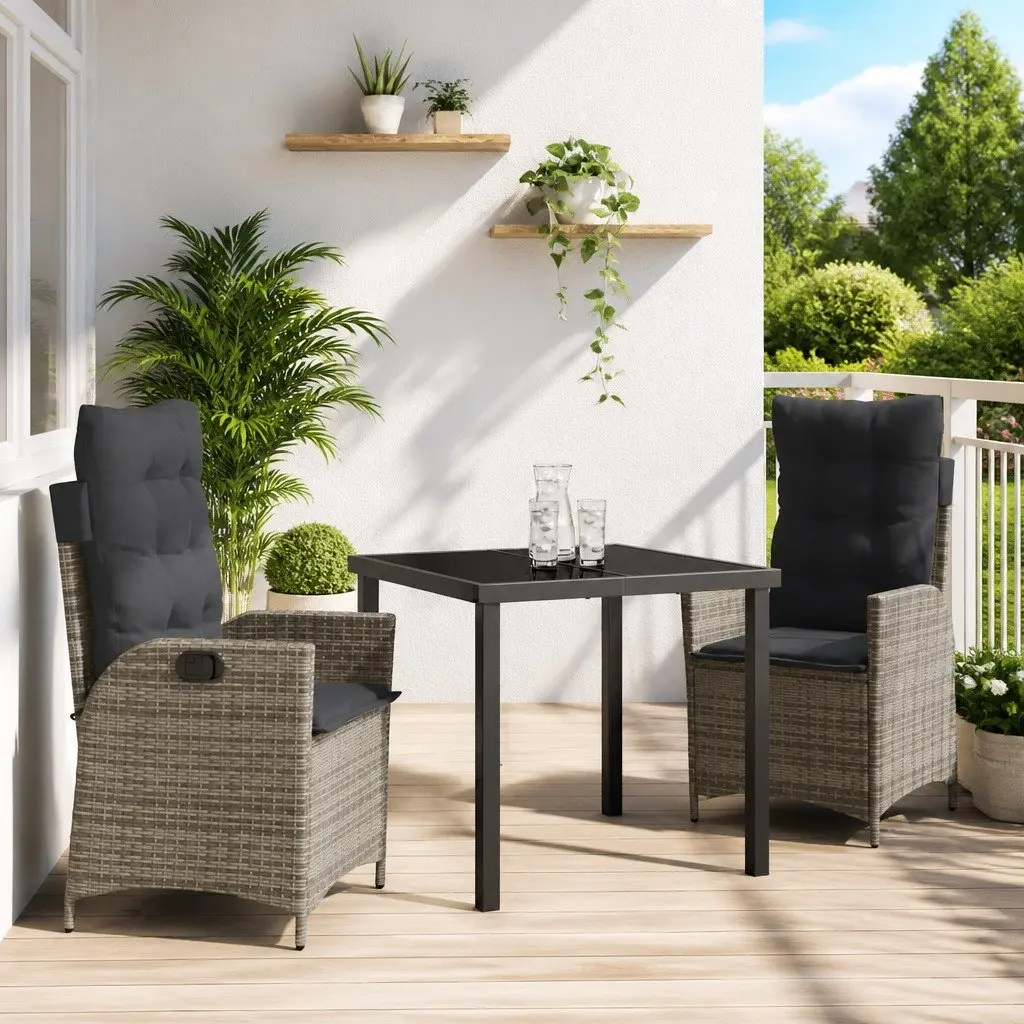 3-Piece Grey Poly Rattan Garden Dining Set