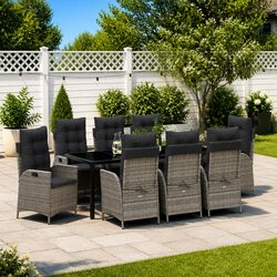 9-Piece Grey Poly Rattan Garden Dining Set with Glass Table