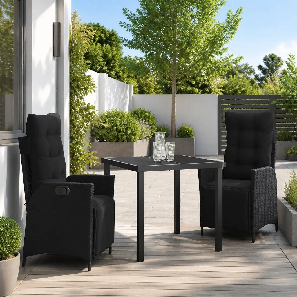 Outdoor Dining Set Poly Rattan 3 Piece Black Garden Furniture with Cushions