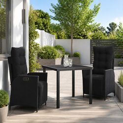 3-Piece Black Poly Rattan Outdoor Dining Set with Cushions