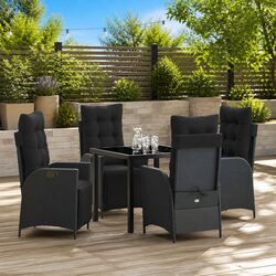 5 Piece Black Poly Rattan Dining Set with Cushions