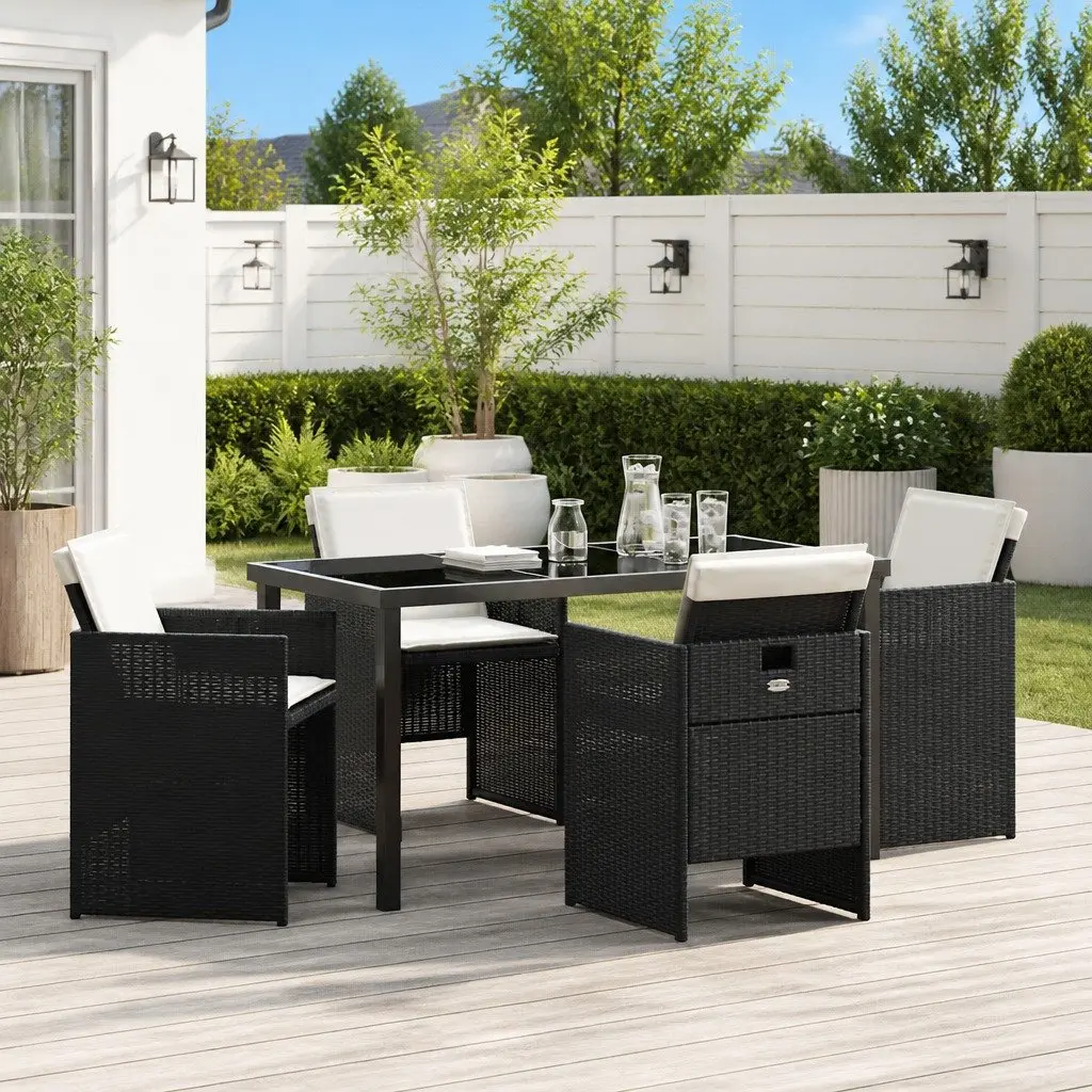 Outdoor Dining Set Poly Rattan Steel Frame Glass Table 5 Piece Black