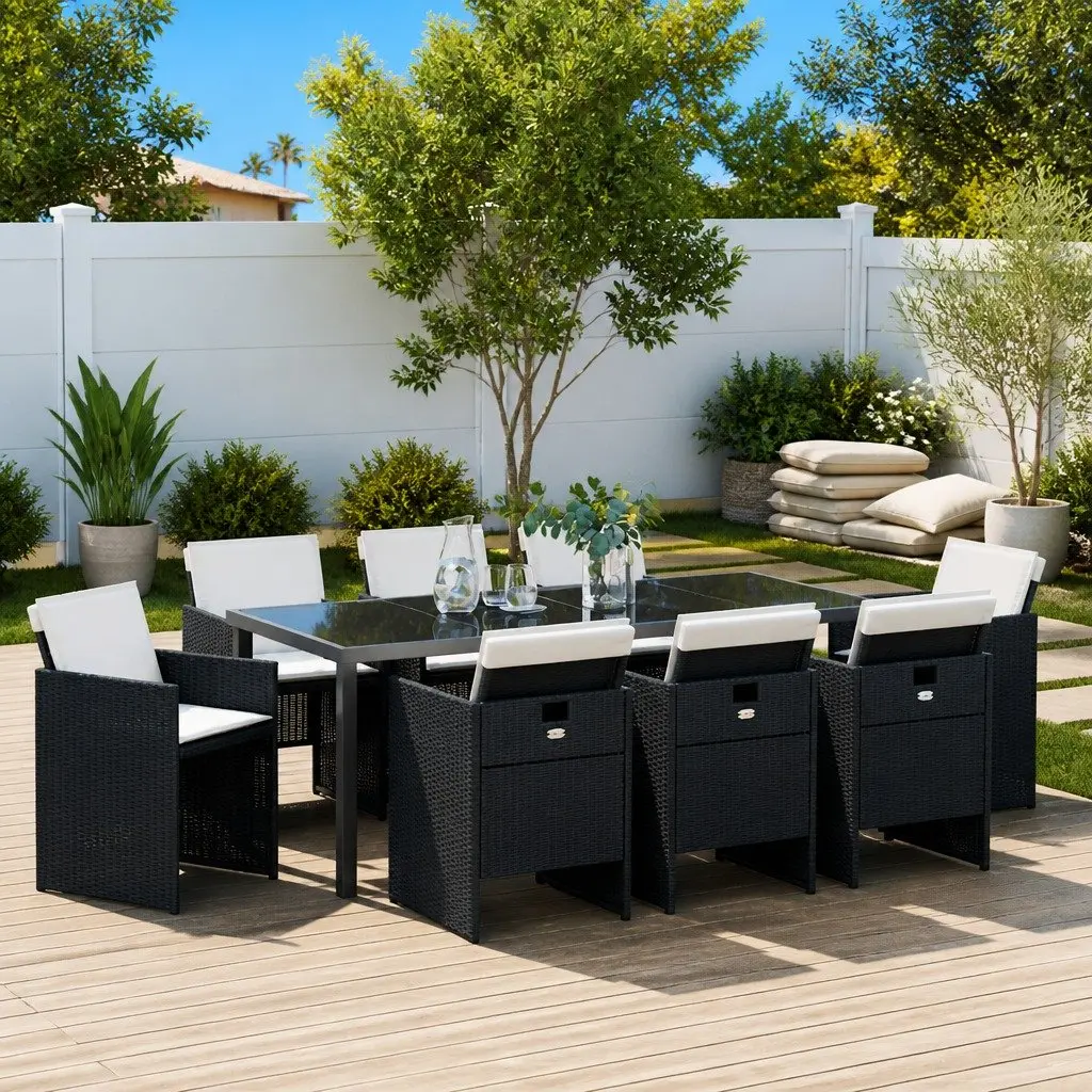 9-Piece Black Poly Rattan Garden Dining Set