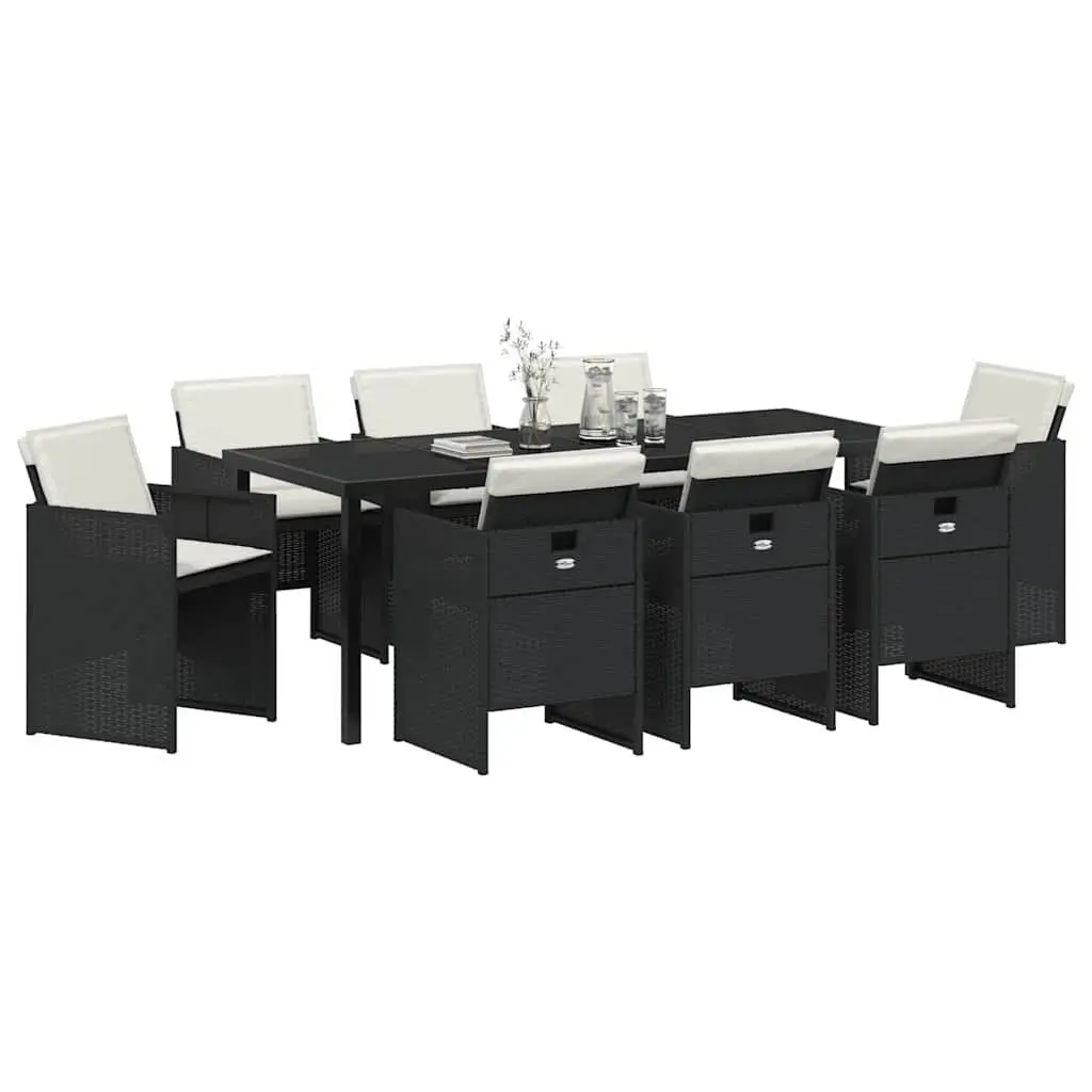 9-Piece Black Poly Rattan Garden Dining Set