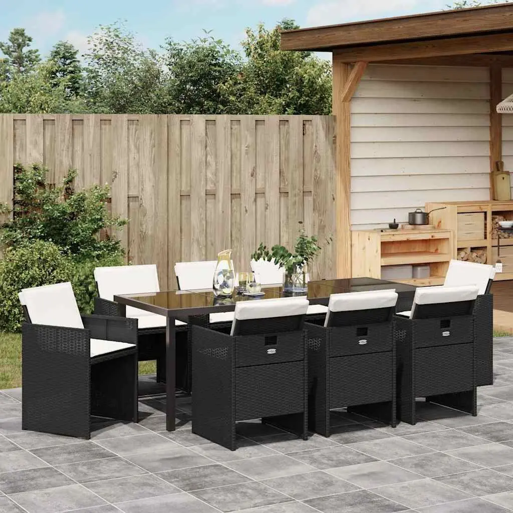 9-Piece Black Poly Rattan Garden Dining Set