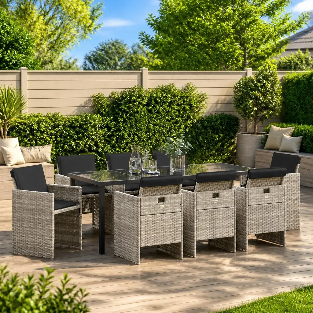 Garden Dining Set 9 Pieces Light Grey Poly Rattan