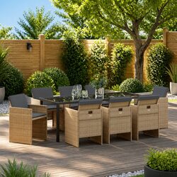 Durable 9-Piece Garden Dining Set in Beige Rattan