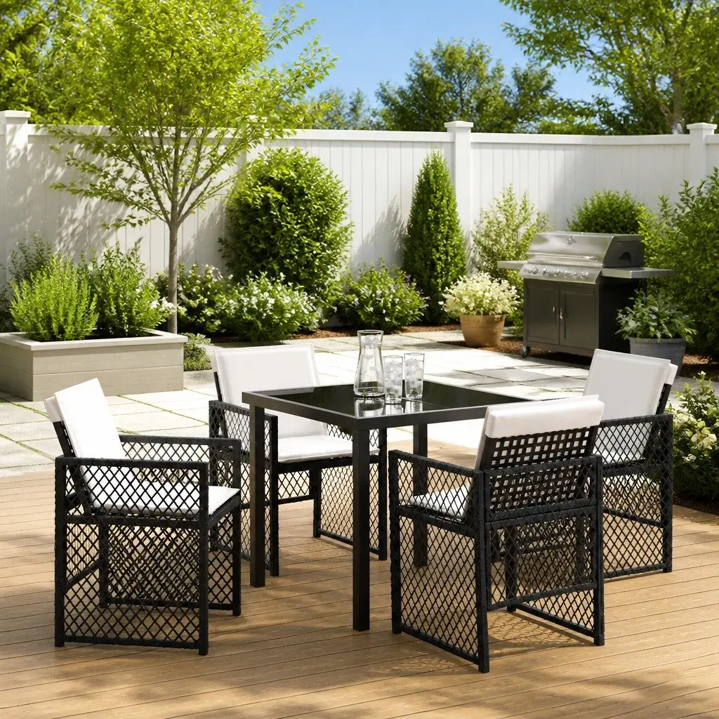 5-Piece Black Poly Rattan Garden Dining Set