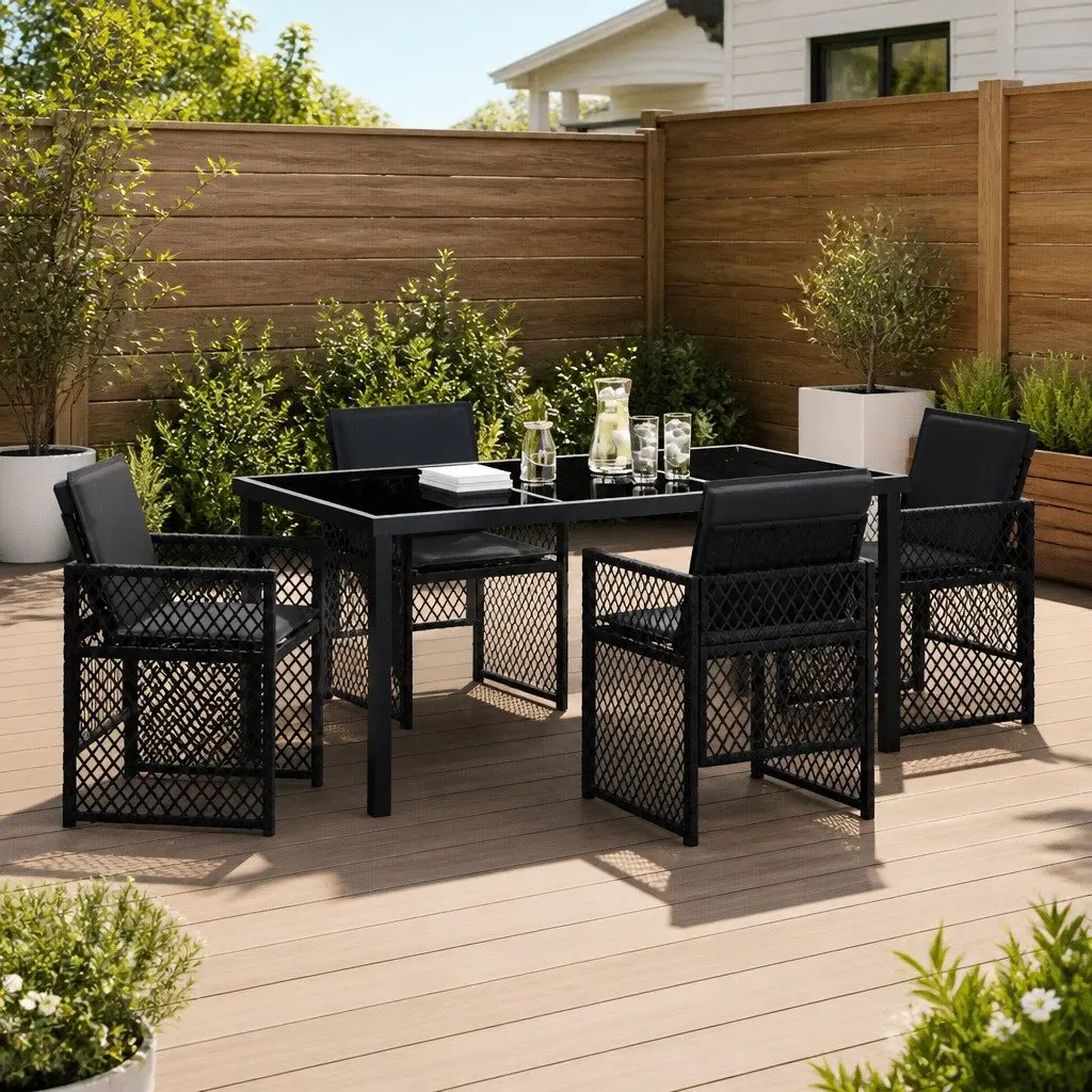 5-Piece Black Poly Rattan Dining Set for Outdoors