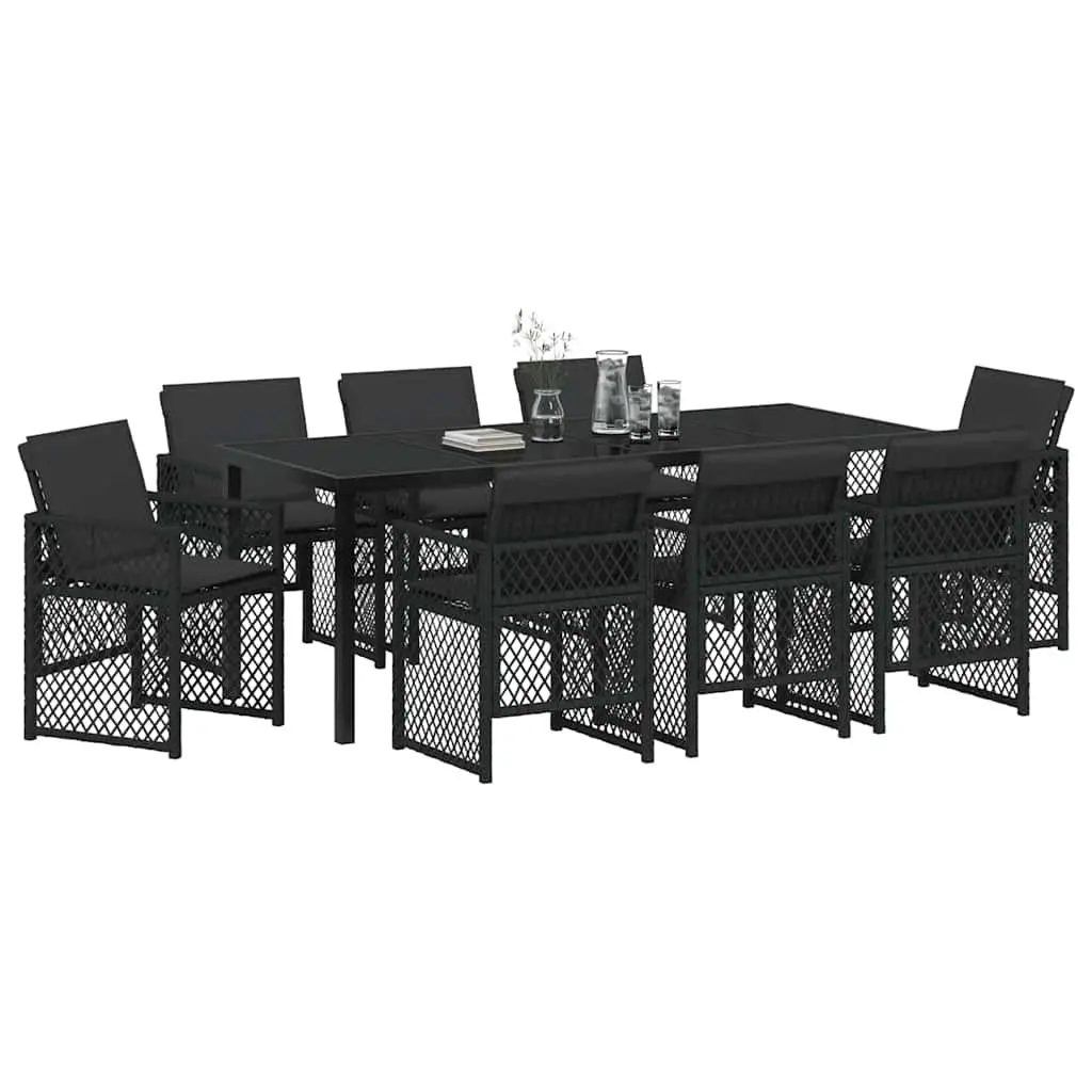 Black Poly Rattan Garden Dining Set with Glass Table