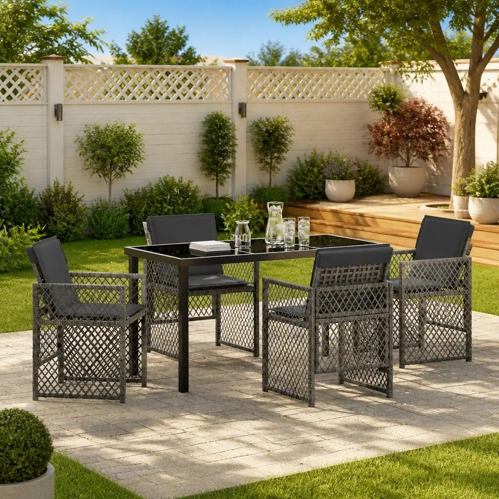 Garden Dining Set Poly Rattan Steel Tempered Glass 5 Piece Grey Outdoor Furniture