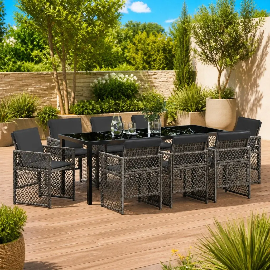 9-Piece Grey Rattan Garden Dining Set