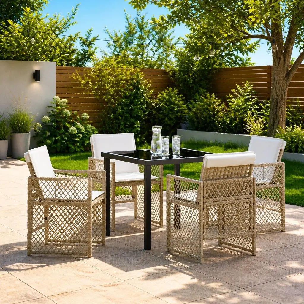 5-Piece Beige Garden Dining Set with Glass Table