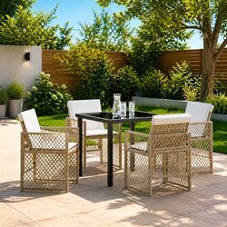 5-Piece Beige Garden Dining Set with Glass Table