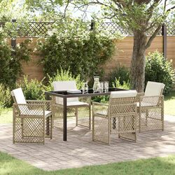 Beige Poly Rattan 5-Piece Garden Dining Set with Glass Top