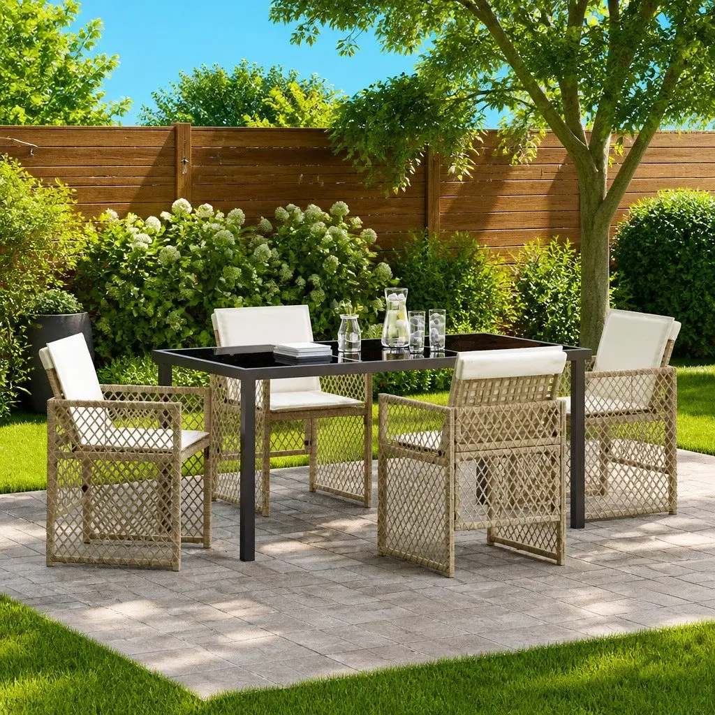Garden Dining Set Poly Rattan 5 Pieces Outdoor Furniture Beige Tempered Glass