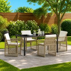 5-Piece Garden Dining Set with Poly Rattan and Glass
