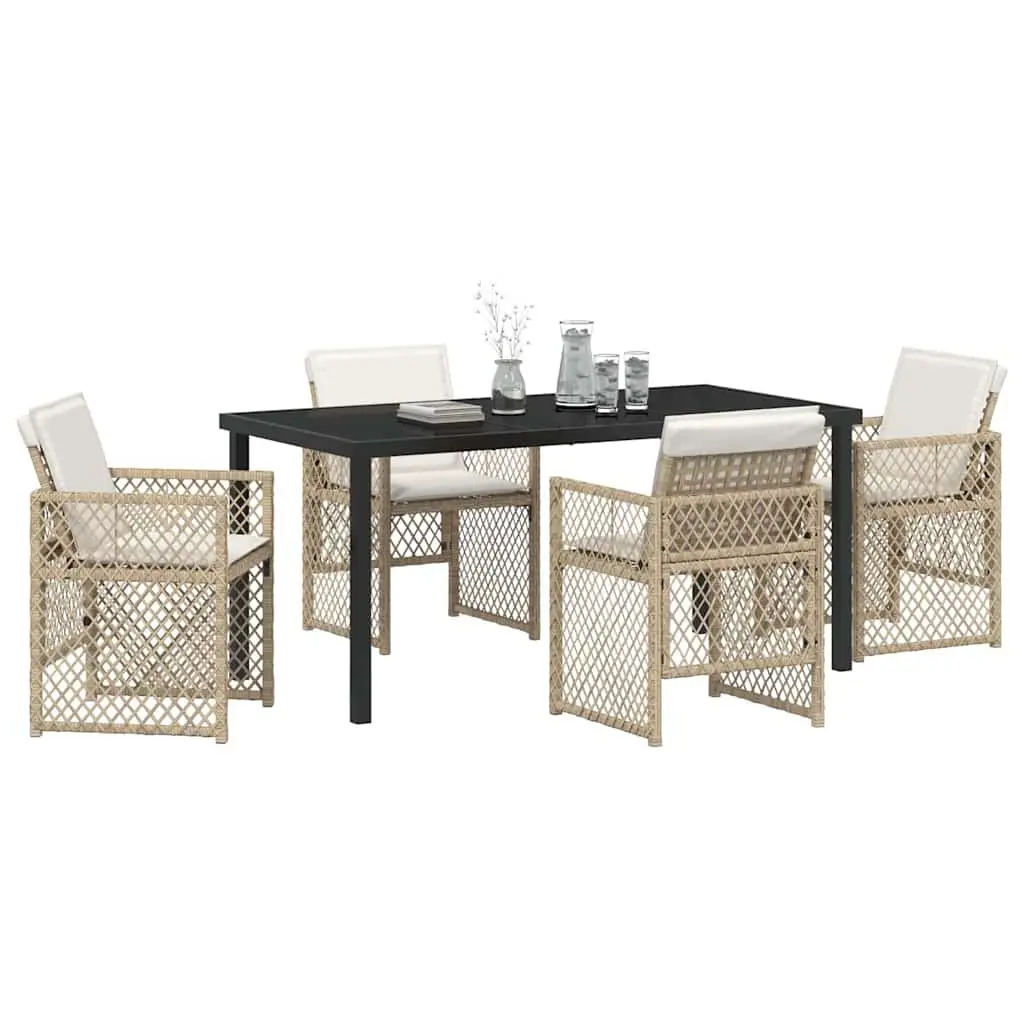 Garden Dining Set Poly Rattan 5 Pieces Outdoor Furniture Beige Tempered Glass