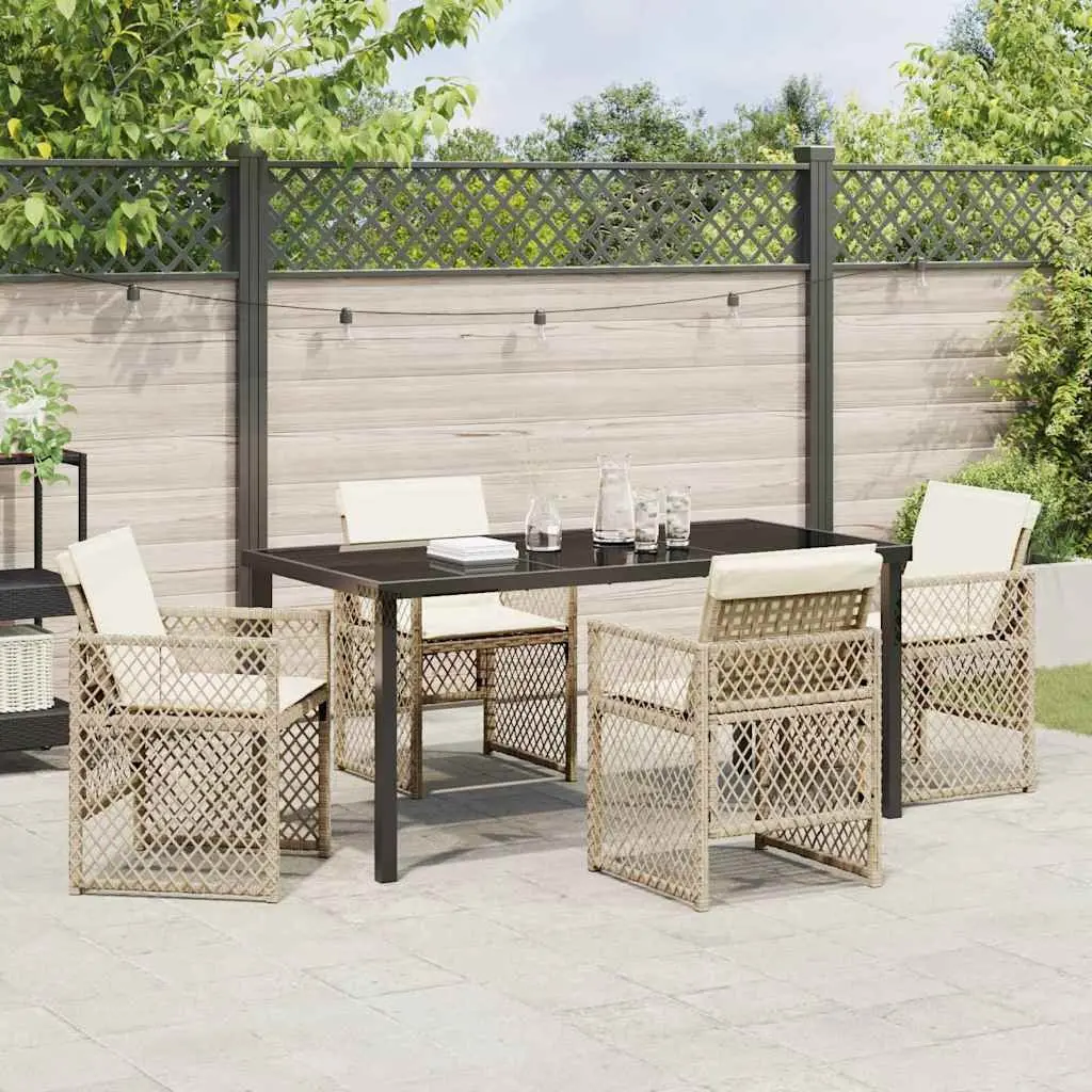 Garden Dining Set Poly Rattan 5 Pieces Outdoor Furniture Beige Tempered Glass