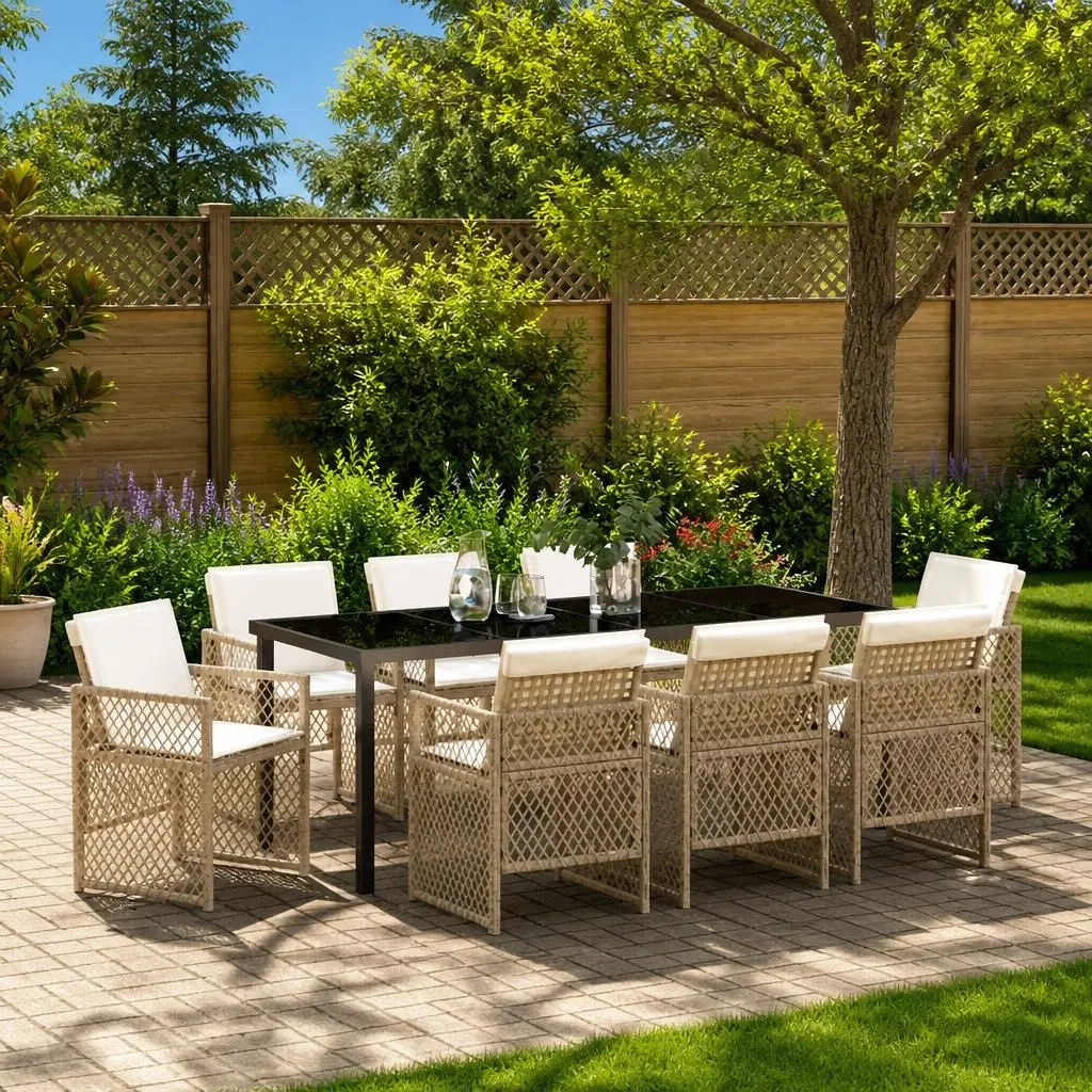 9 Piece Outdoor Dining Set in Beige Poly Rattan