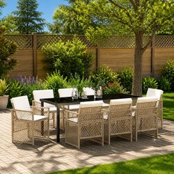 Stylish 9 Piece Outdoor Dining Set in Beige Poly Rattan