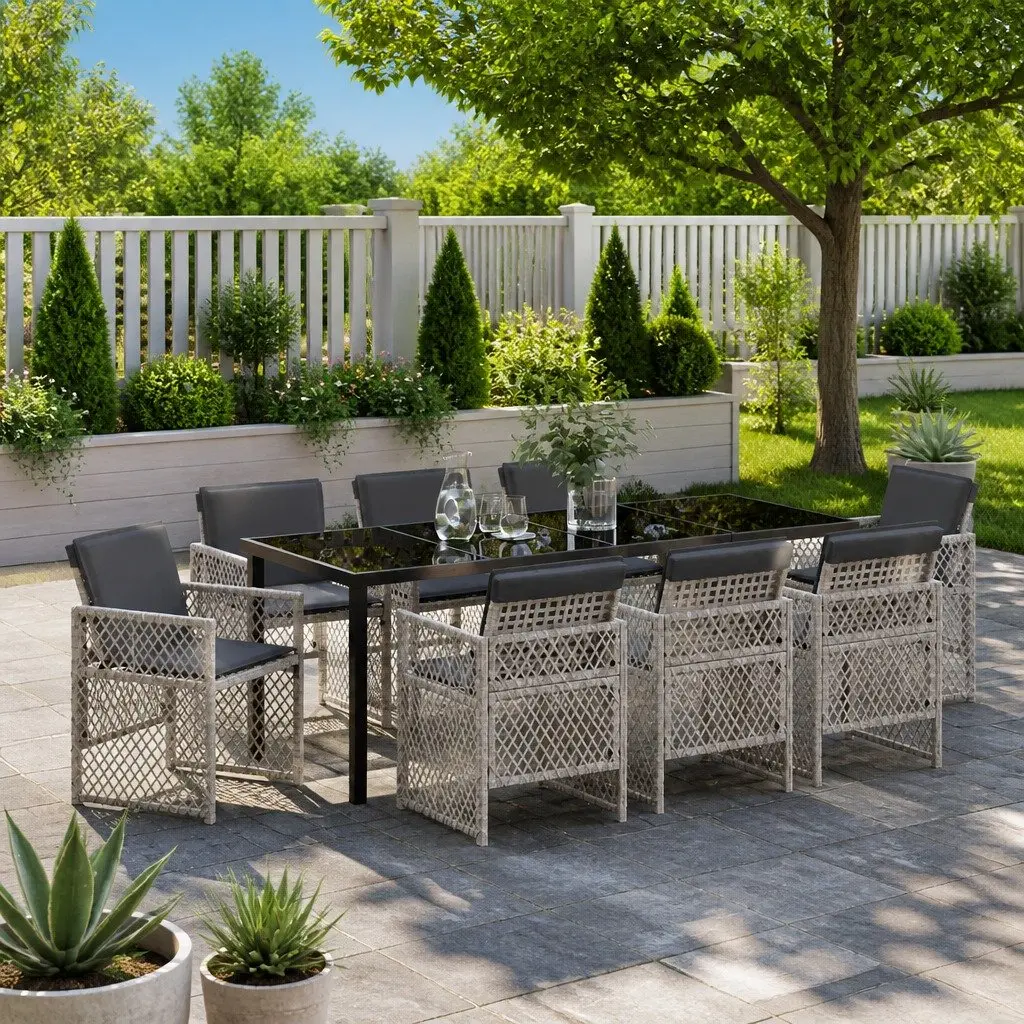Light Grey 9-Piece Garden Dining Set with Glass Table