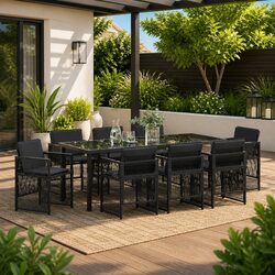 Sturdy 9-Piece Garden Dining Set with Black Steel Frame