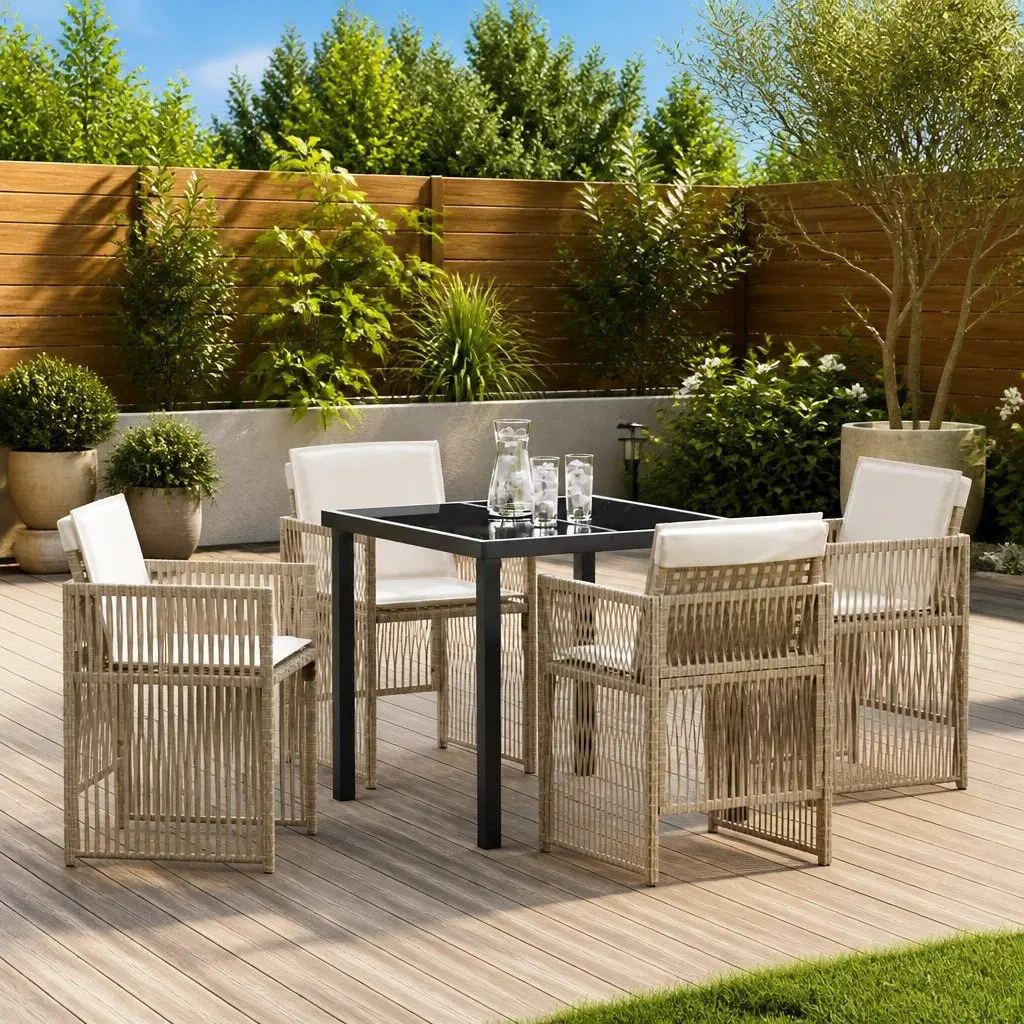 Garden Dining Set Steel Frame Poly Rattan Armrests Brown 5 Pieces