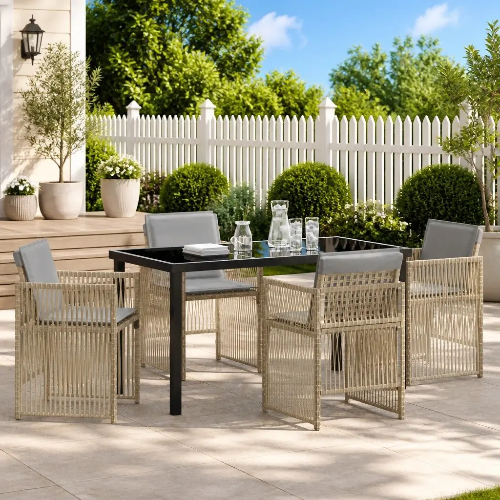 5 Piece Beige Garden Dining Set with Steel Frame