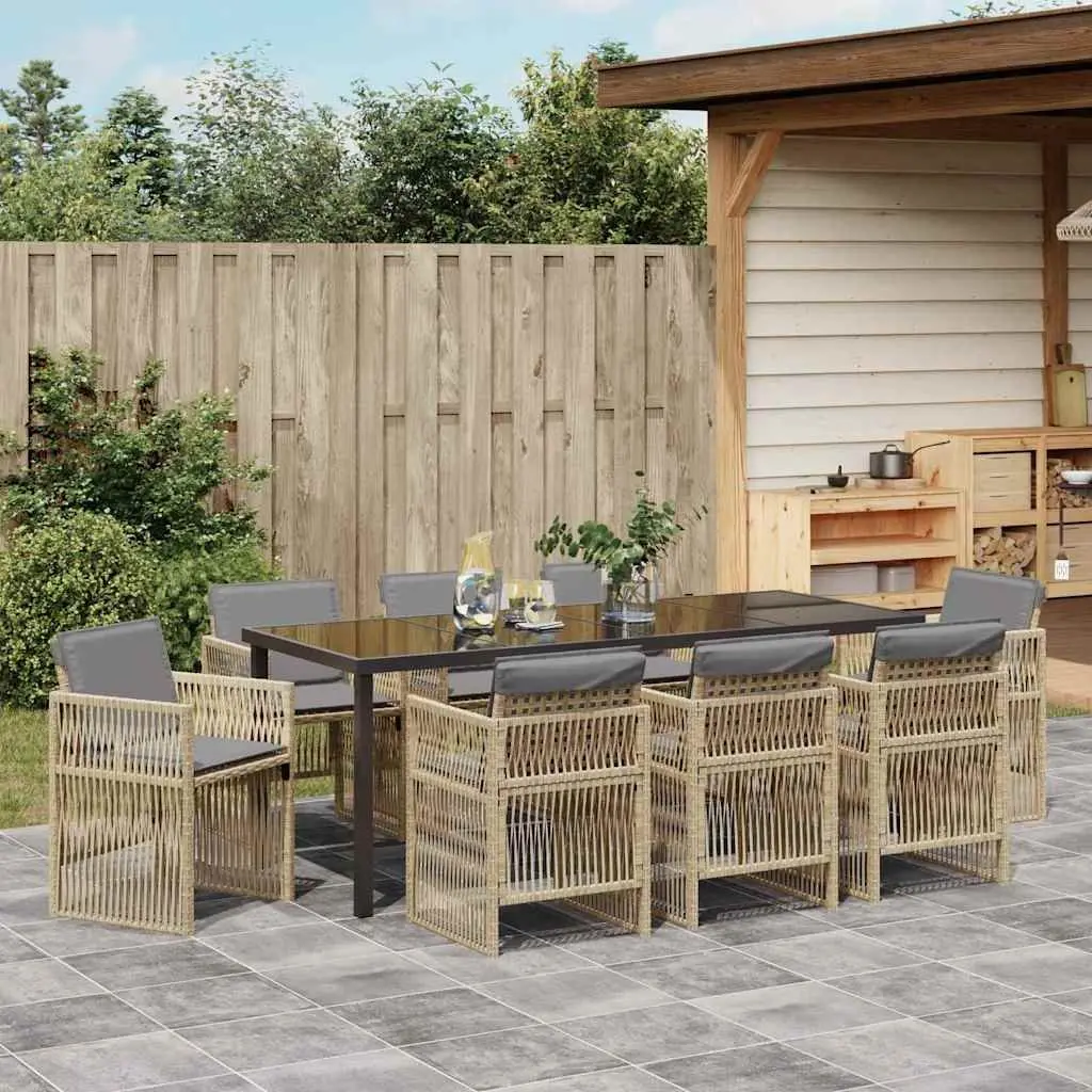 9 Piece Beige Garden Dining Set with Steel Frame