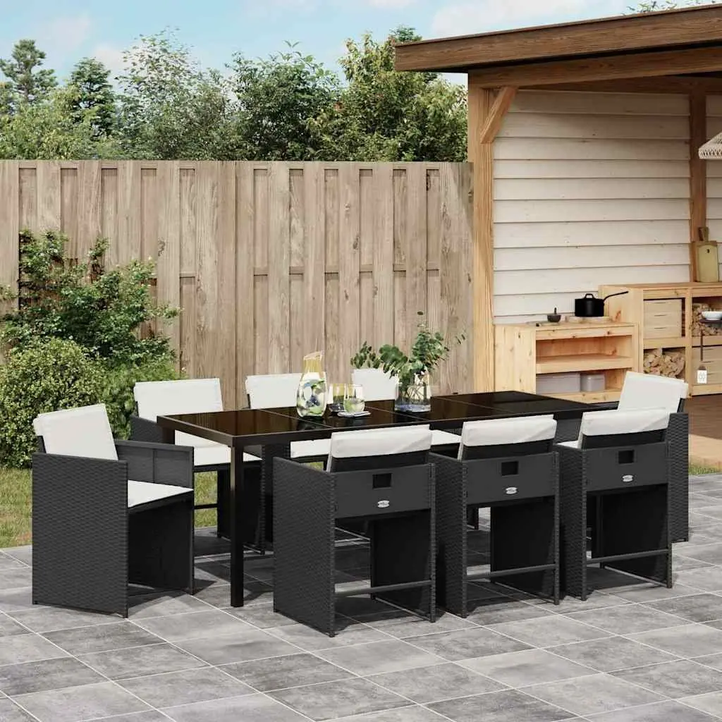 9-Piece Black Poly Rattan Outdoor Dining Set