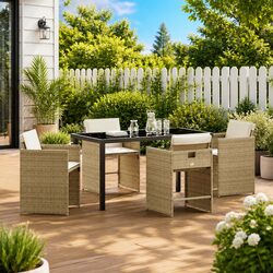 Beige Poly Rattan Outdoor Dining Set with Glass Table