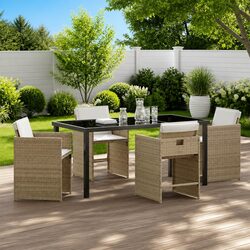 Beige Poly Rattan 5-Piece Garden Dining Set with Steel Frame