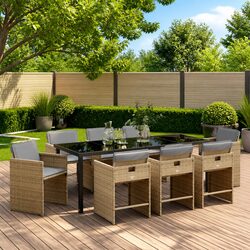 Beige Poly Rattan 9 Piece Outdoor Dining Set
