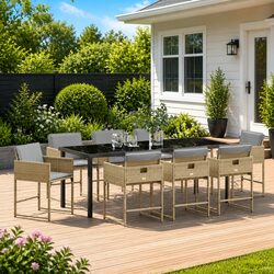 9-Piece Outdoor Dining Set in Beige Poly Rattan