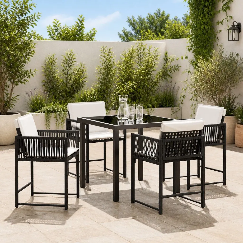 5 Piece Black Outdoor Dining Set with Glass Table