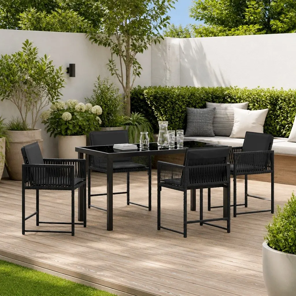 Garden Dining Set Poly Rattan Steel Glass 5 Pieces Outdoor Furniture Black