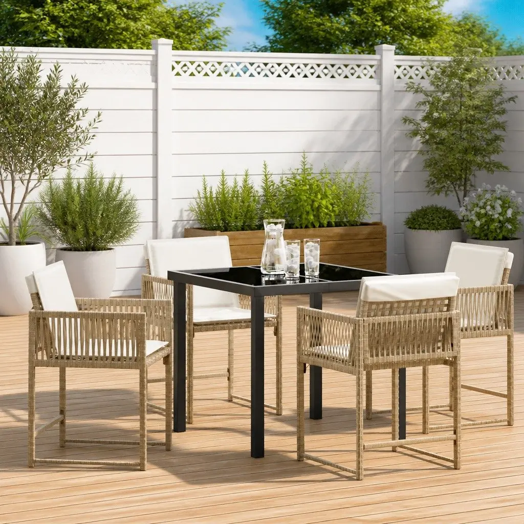 Garden Dining Set Poly Rattan Steel 5 Pieces Outdoor Furniture Patio Table Chairs Beige