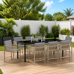 9-Piece Beige Outdoor Garden Dining Set with Glass Table